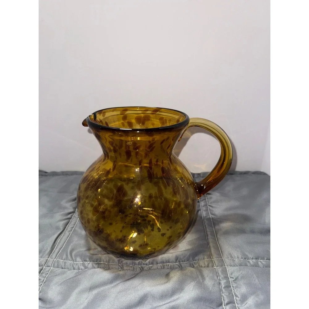 Hand Blown Amber Tortoiseshell Glass Pitcher Round Leopard Spot Art Glass Carafe